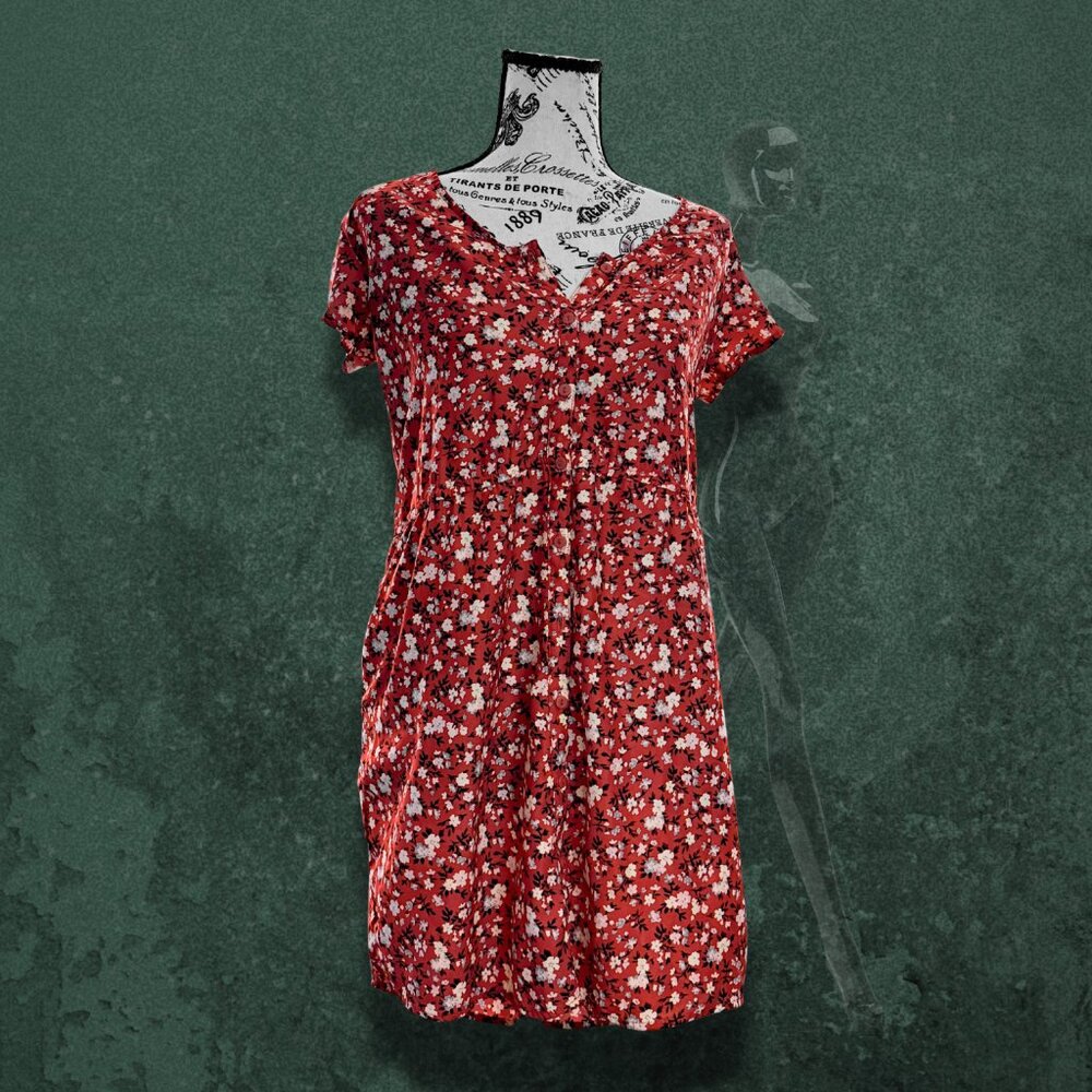 Kimchi Blue Red Floral Silky Sabrina Shirt Dress Vampire Dairies M